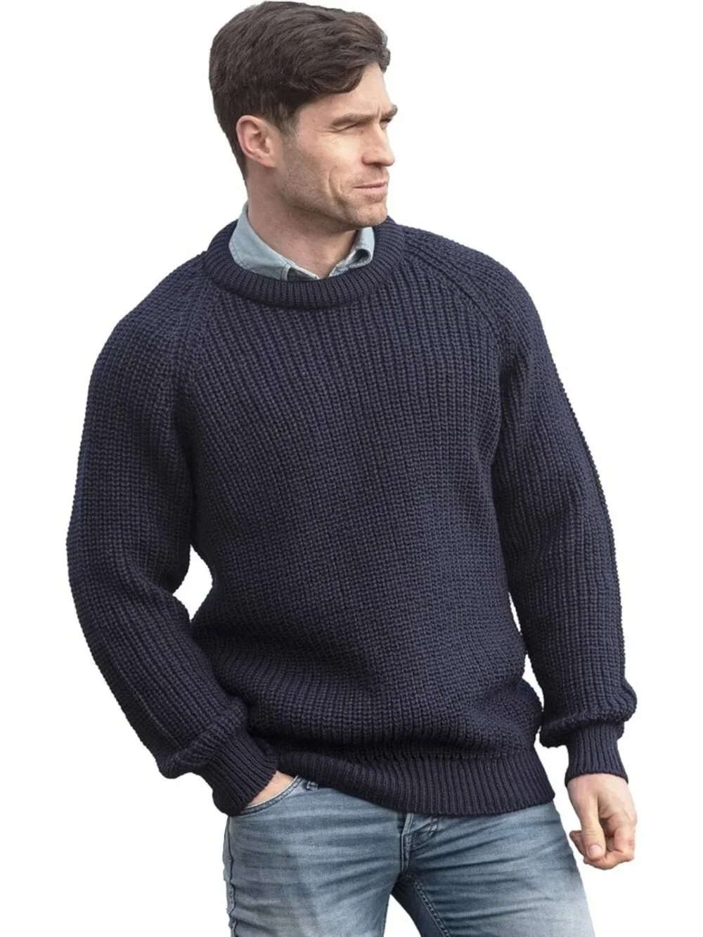 Cozy Men's Irish Fisherman Rib Crew Neck Sweater - 100% Pure Wool Knit